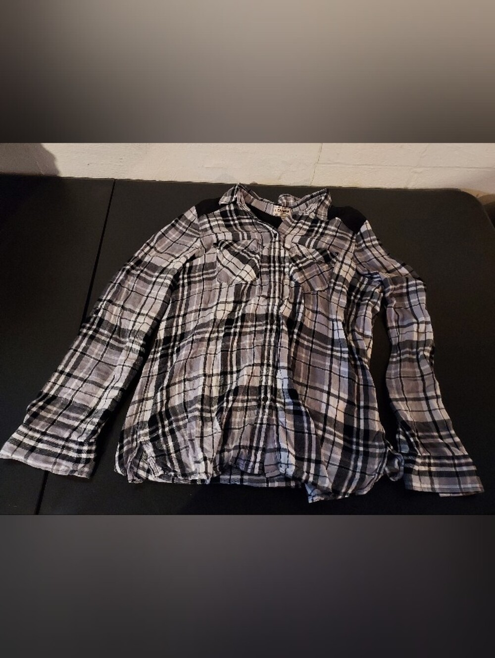 Express Black and White Plaid Button-Down Shirt with Shoulder Accents